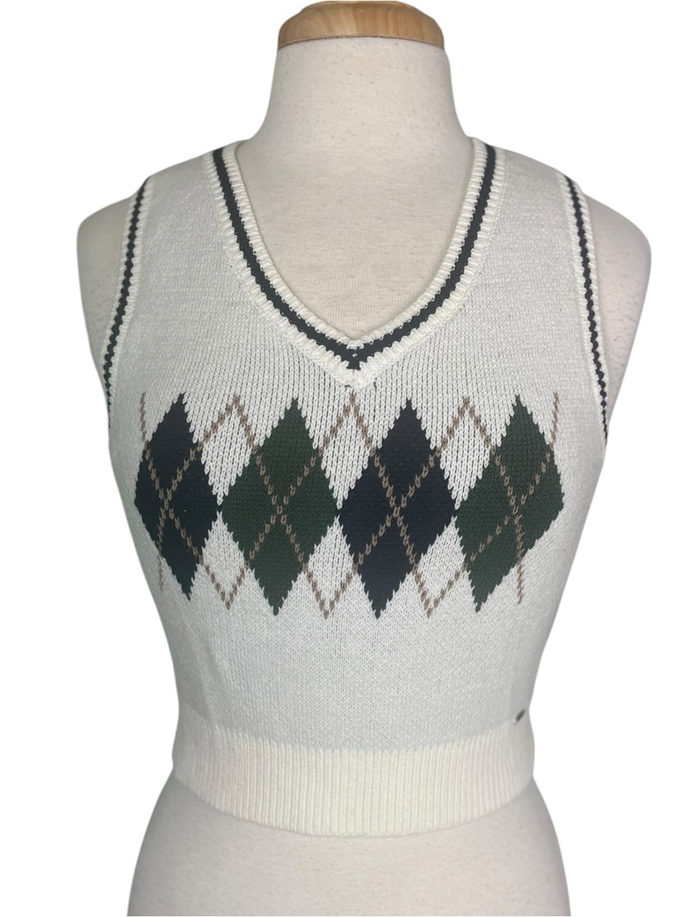 Hollister Argyle Sweater Vest Size Medium Academia Schoolgirl Preppy White Green